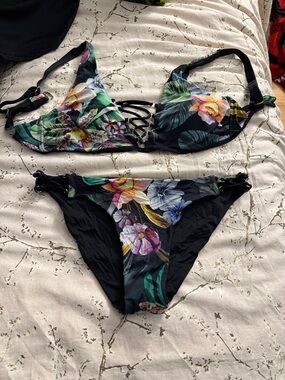 TiniBikini Black Floral Lace-Up Bikini with Multicolor Flowers